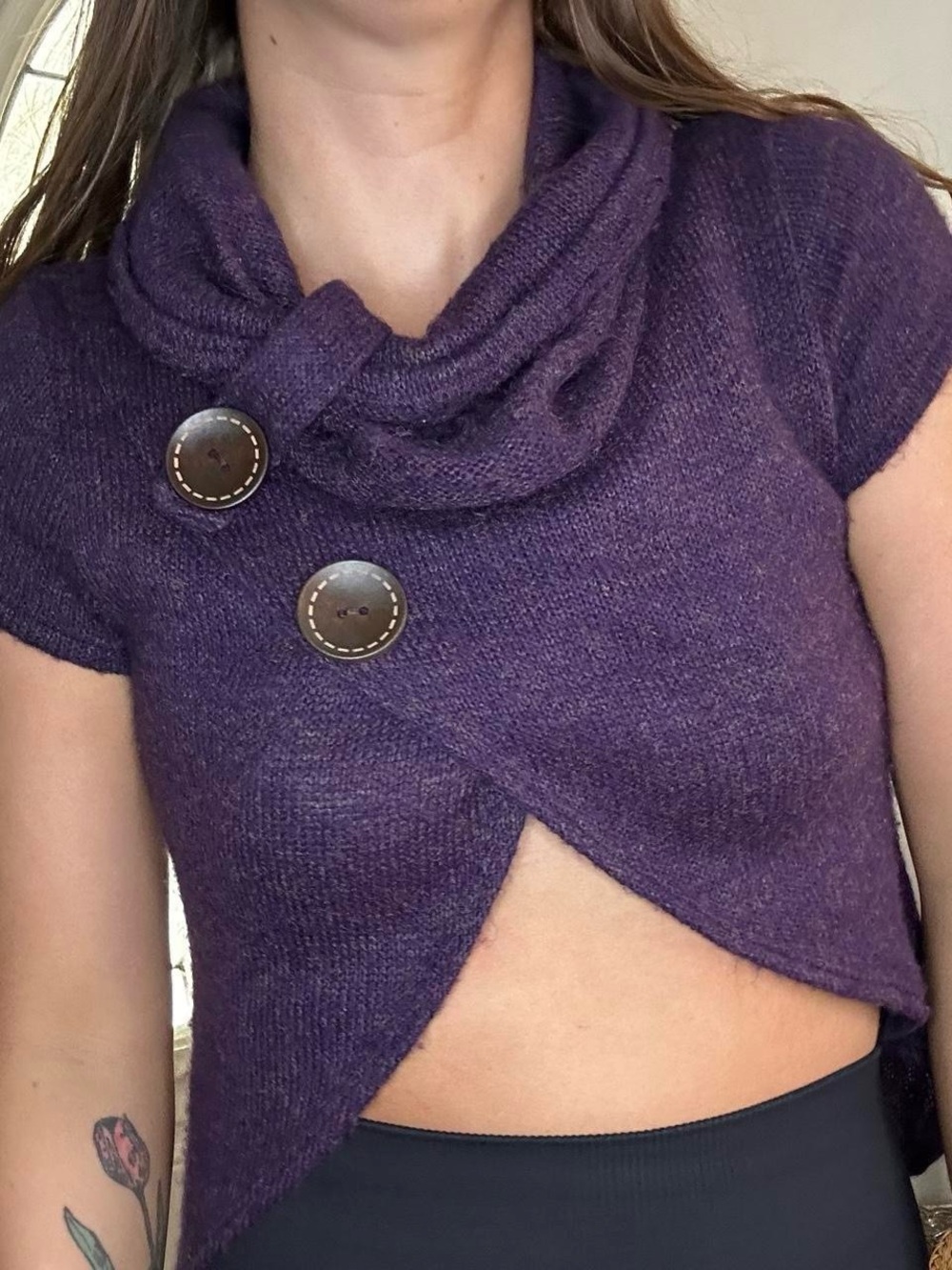 Tres Bien Purple Shawl-Collar Cropped Short-Sleeve Sweater